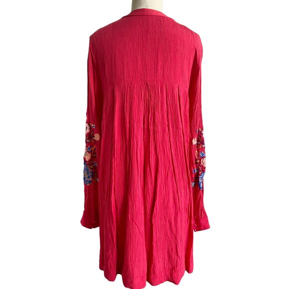 Free People Boho Embroidered Floral Mini Dress Pink Rayon Crinkle Tunic Size S - Picture 8 of 9